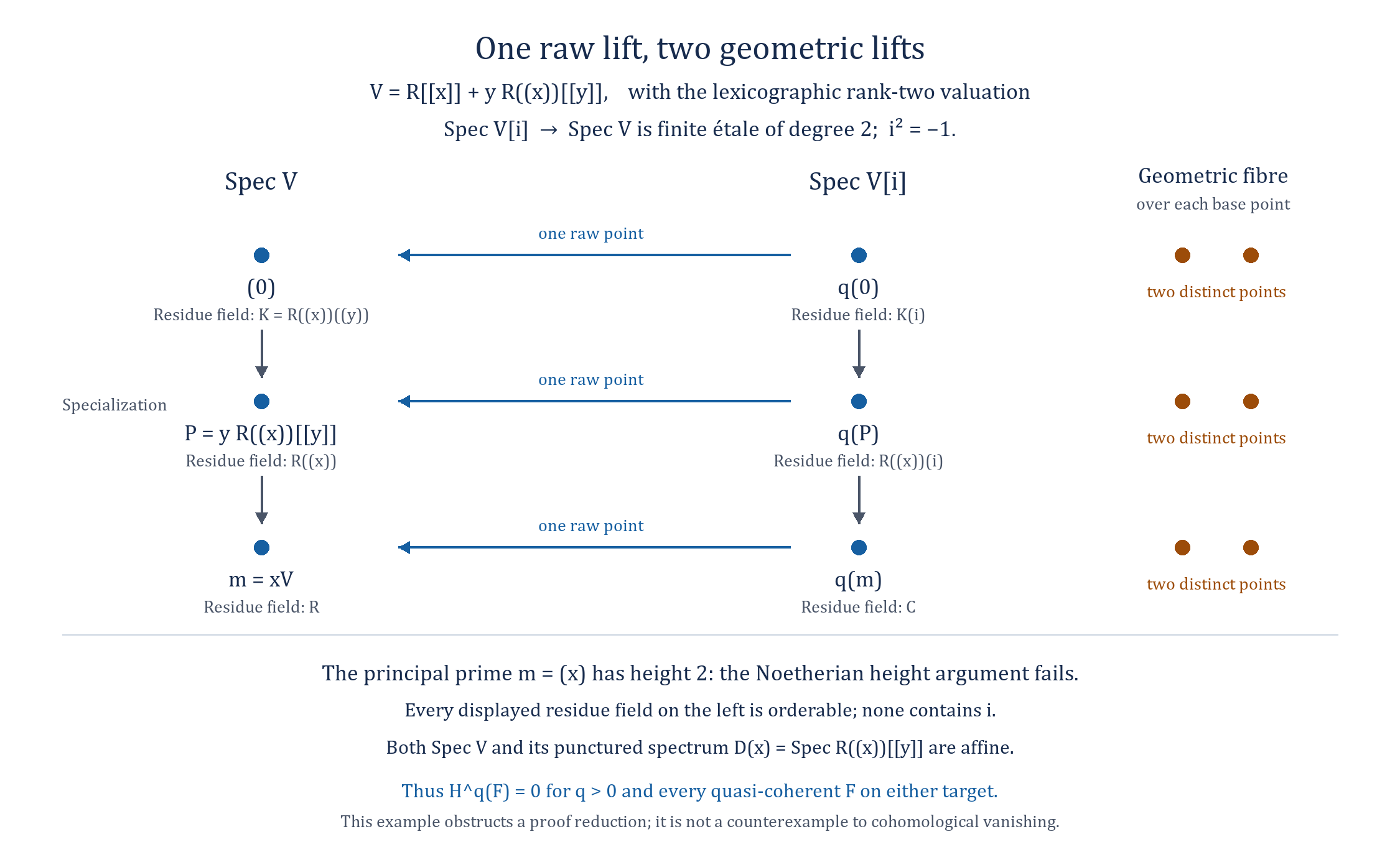 Specialization chains and raw and geometric fibres of a rank-two valuation-ring cover