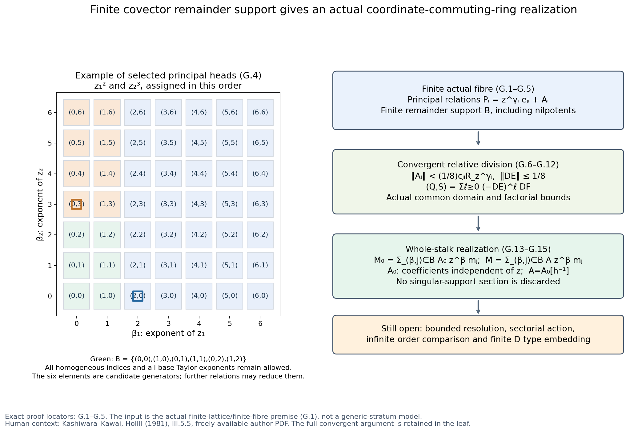 Finite covector remainder supports and actual whole-stalk generation