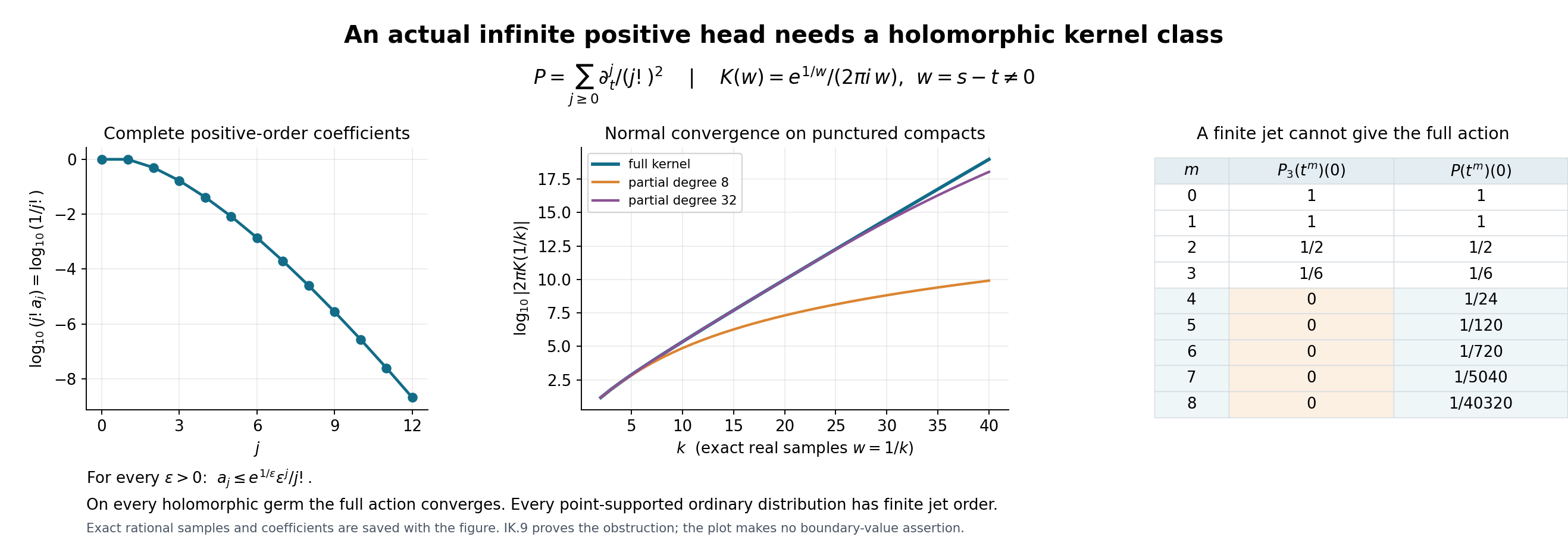 The full positive head converges on punctured complements but has no finite-jet distribution representative
