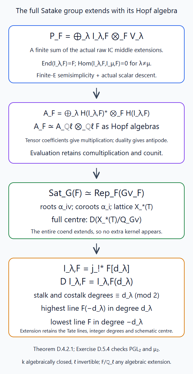 The actual IC decomposition and coend Hopf algebra extend the full Satake group, integral root datum, centre, raw duality and parity to algebraic coefficients