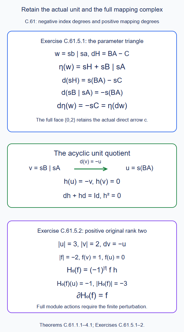 The actual two-arrow bar unit,its acyclic quotient and the signed mapping primitive retain the full face and transformation data
