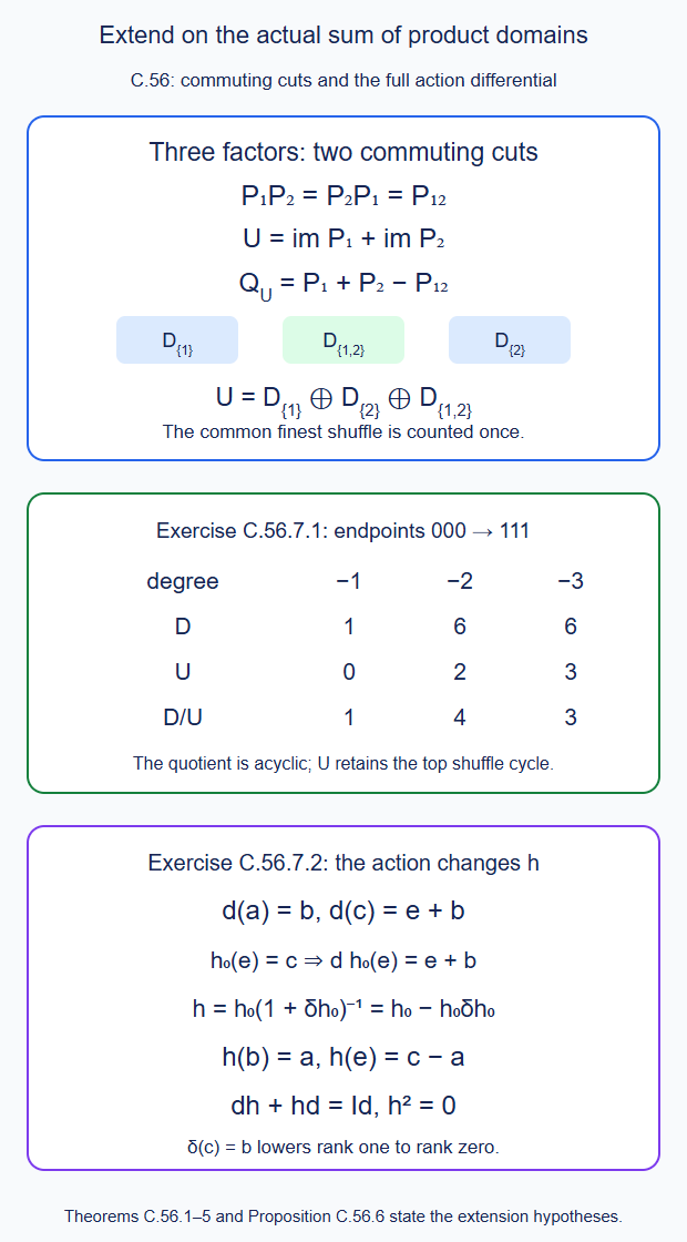 The commuting cut decomposition identifies the actual product sum and its finest overlap; a finite perturbation changes the leading contraction to retain the complete differential