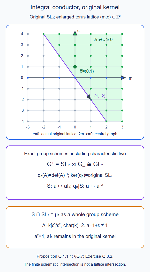 The conductor-one point is integral in the enlarged torus; the original group and its schematic centre remain the exact kernel