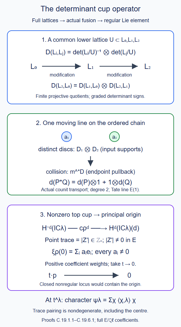 Relative determinant cancellation, the actual collision cup sum, and the principal-origin regularity argument