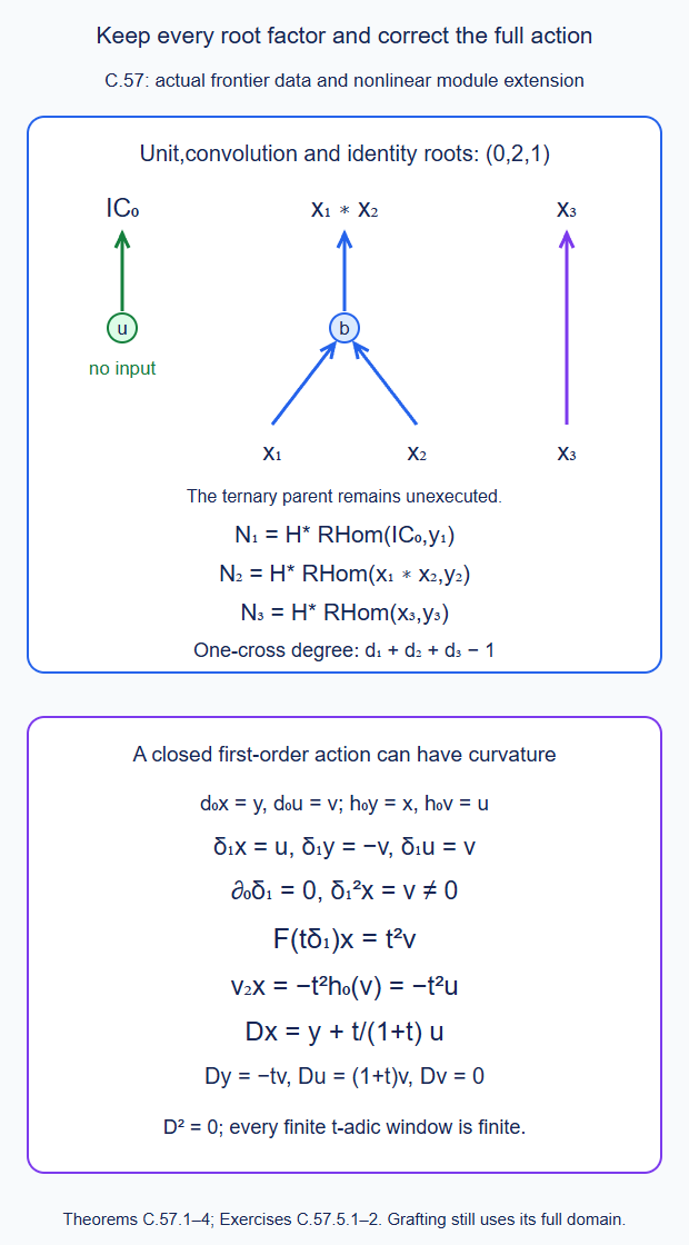 The native frontier retains its unit,convolution and identity output factors; the first nonzero curvature is removed by the actual degree-one correction