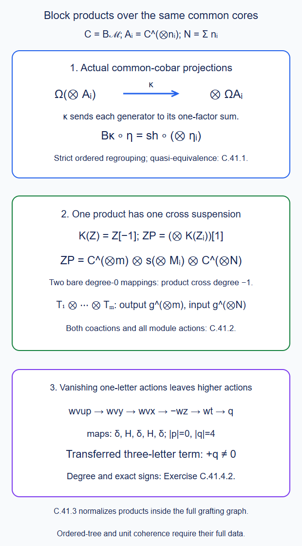 Common-cobar projections regroup strictly, one block-product graph module has one total cross suspension, and fixed-core transfer retains a nonzero higher action even when all one-letter actions vanish