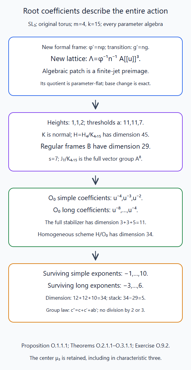 The actual left modification, finite root thresholds, full SL3 stabilizer and surviving coefficients determine the homogeneous frame scheme
