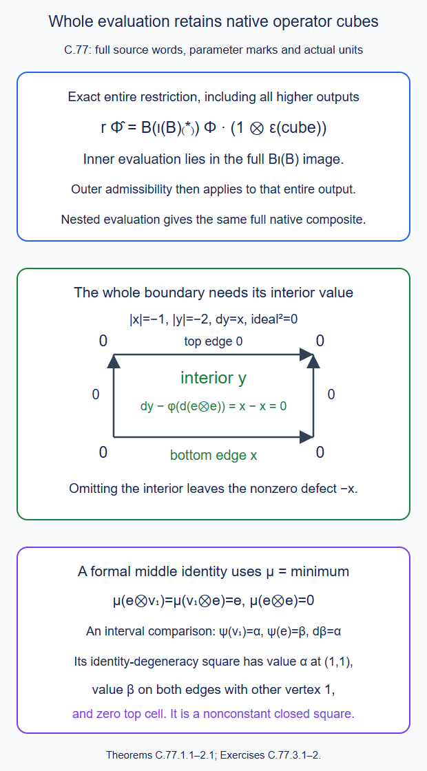 Entire projected evaluation is closed under composition, with compatible native operator cubes retaining their actual interior and formal identity degeneracies