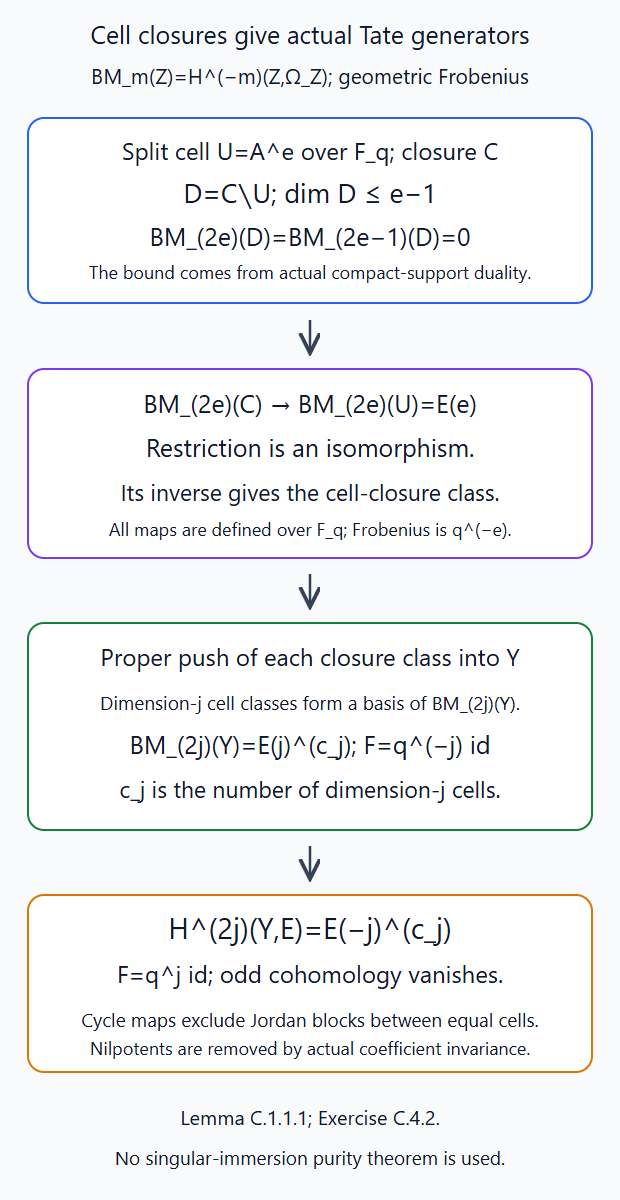Cell-closure classes lift the normalized affine-cell orientations and form a Frobenius-compatible Borel-Moore basis; duality gives split Tate cohomology