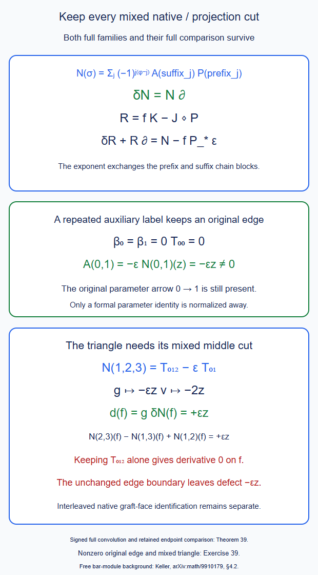 All signed cuts convolve the original native parameter family with the tree projection family; a nonzero mixed triangle term is required even when an auxiliary edge comparison vanishes.