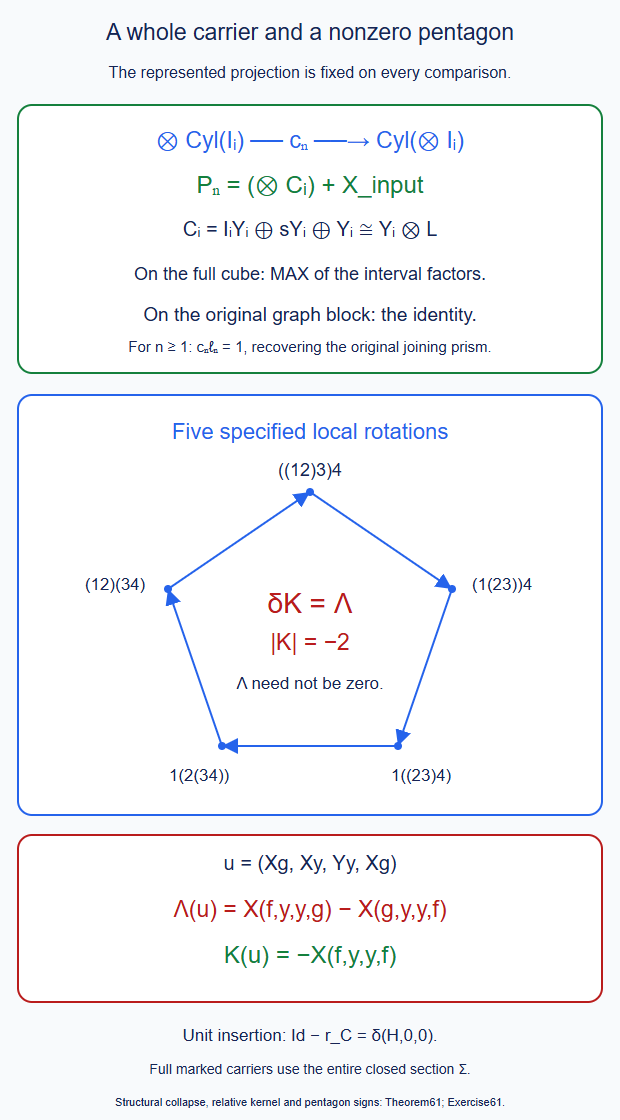 The structural collapse fixes the full cube and original graph block. A specified pentagon has a nonzero boundary loop and a degree-minus-two filler; unit insertion retains the native kernel homotopy.