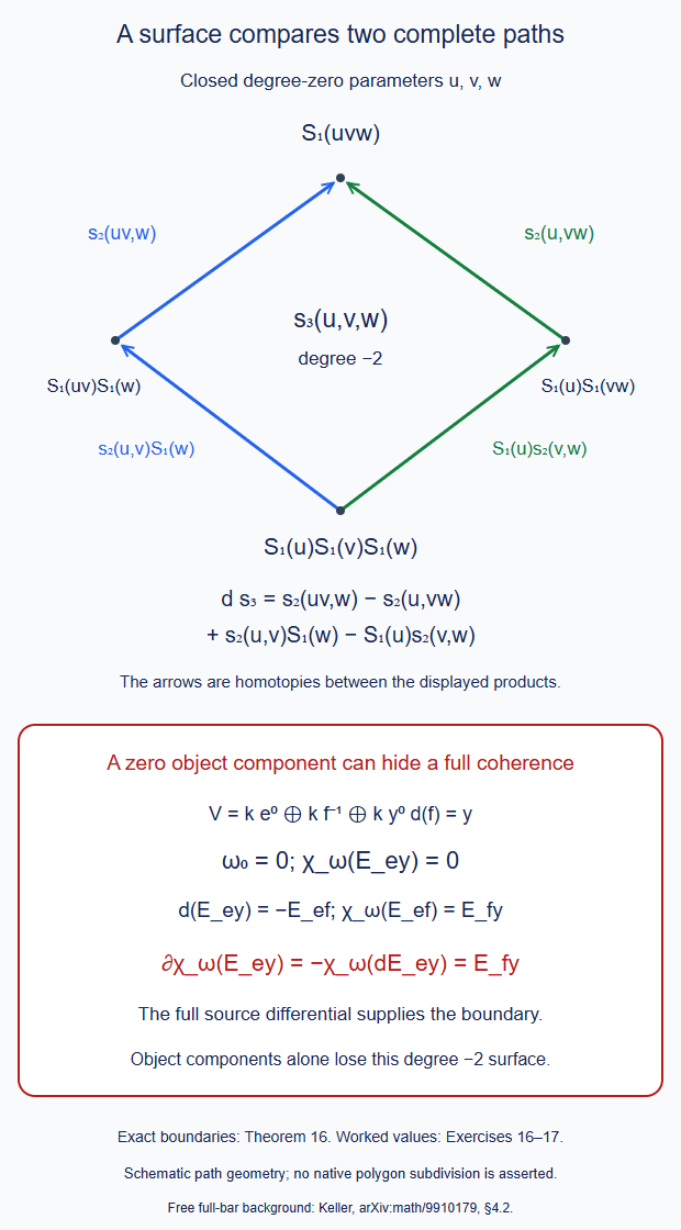 The four signed boundary terms of a specified parameter surface, and a nonzero one-input coherence boundary whose object component vanishes.