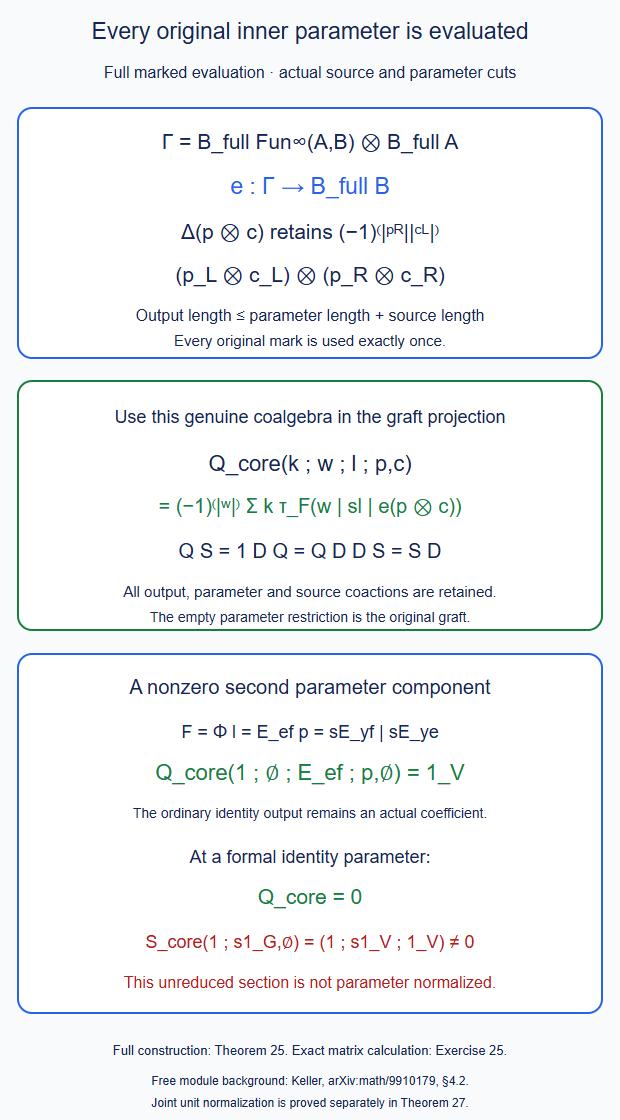 The genuine marked evaluation puts every inner parameter and source cut into the full graft projection, while the unreduced unit section retains a nonzero identity-parameter component.