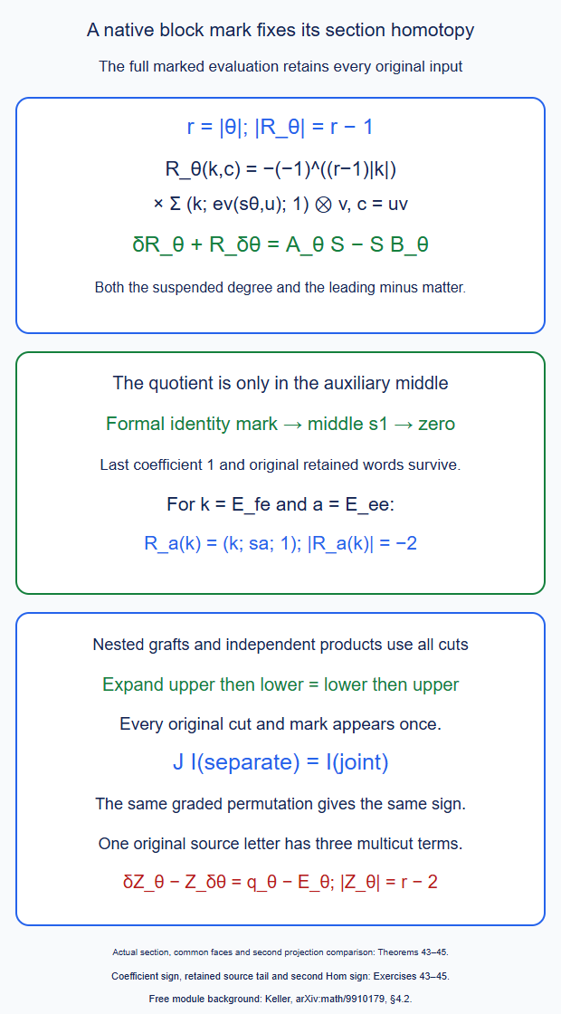 A native inner block replacement has a section homotopy of degree one less than its mark. The minus sign and the coefficient Koszul sign are both necessary, while only auxiliary middle identities are quotiented.