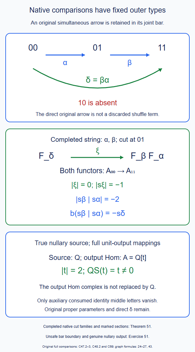 The original compatible triangle retains its direct simultaneous arrow. Completing its strings gives native block-partition operators of one fixed outer type, while the true nullary source leaves the full unit-output mapping complex intact.