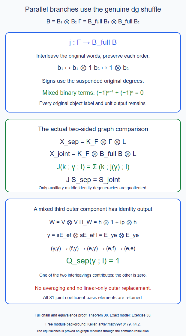 The genuine graded middle shuffle compares separate and joint parallel bars and retains a mixed third outer-functor identity output.