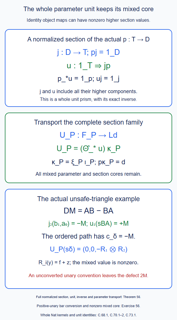 The normalized parameter section gives a whole unit prism between the original roof family and a family on the ordinary product category. Its first mixed unit value is nonzero and carries the recorded section square correction.