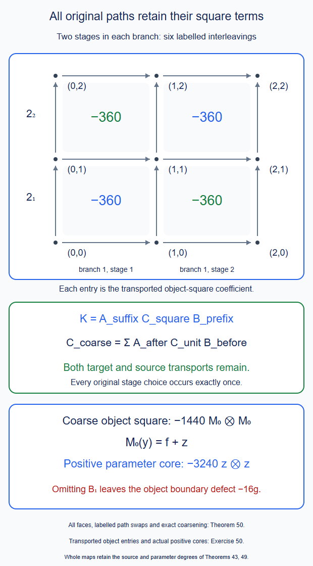 A labelled replacement grid retains all six interleavings of two stages in each branch, with source and target transports on every square and exact coarsening.