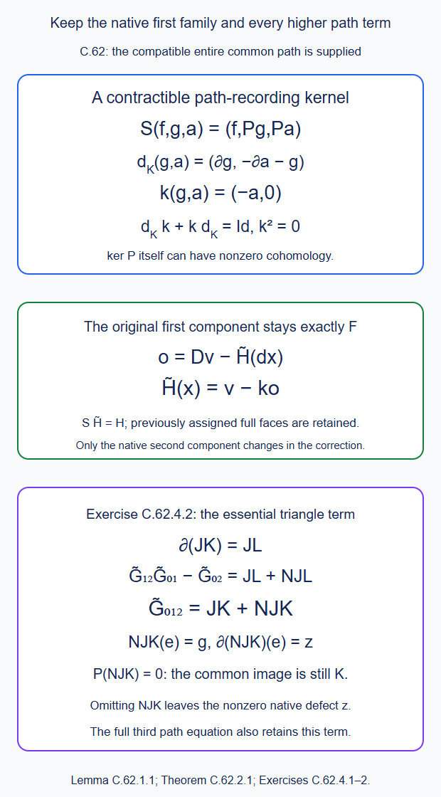 The explicit path-recording cone retains the original native first family;the triangle needs a nonzero kernel correction even though its common image is already correct