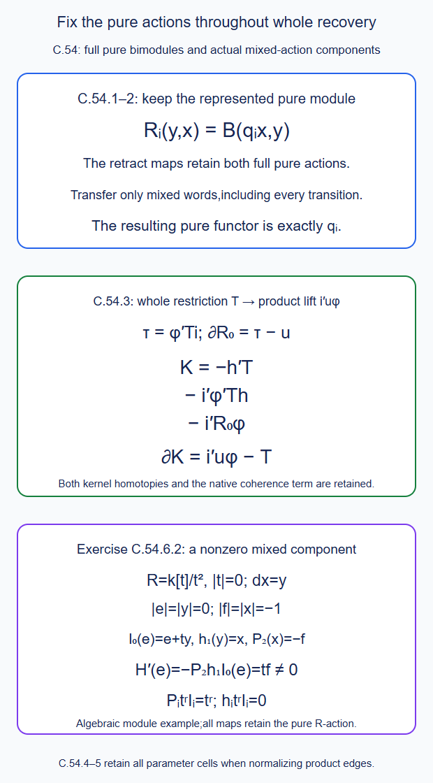The full pure-state action is fixed during recovery;the whole one-cross restriction has an explicit three-term homotopy to its product lift;identity object paths normalize selected product edges with all higher parameter cells
