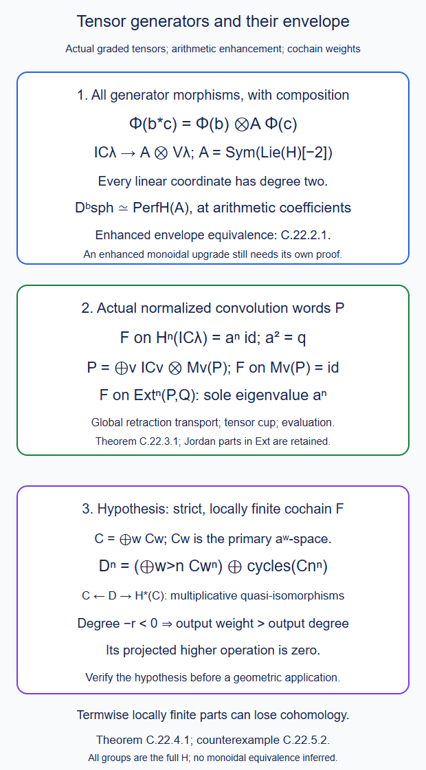 Actual tensor generators, their arithmetic enhanced envelope and the locally finite weight model