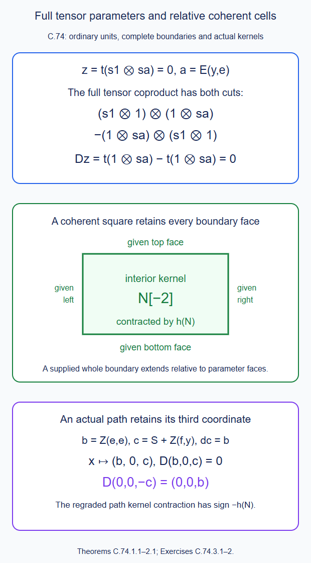 Both tensor unit cuts are necessary, and a relative coherent square retains all four boundary faces while its interior kernel is contracted