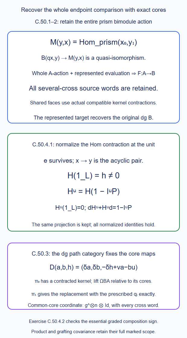 The entire native prism bimodule recovers all endpoint actions; a Hom contraction is normalized at the true unit; the dg path category keeps the prescribed pure core maps and yields a whole common-core coordinate
