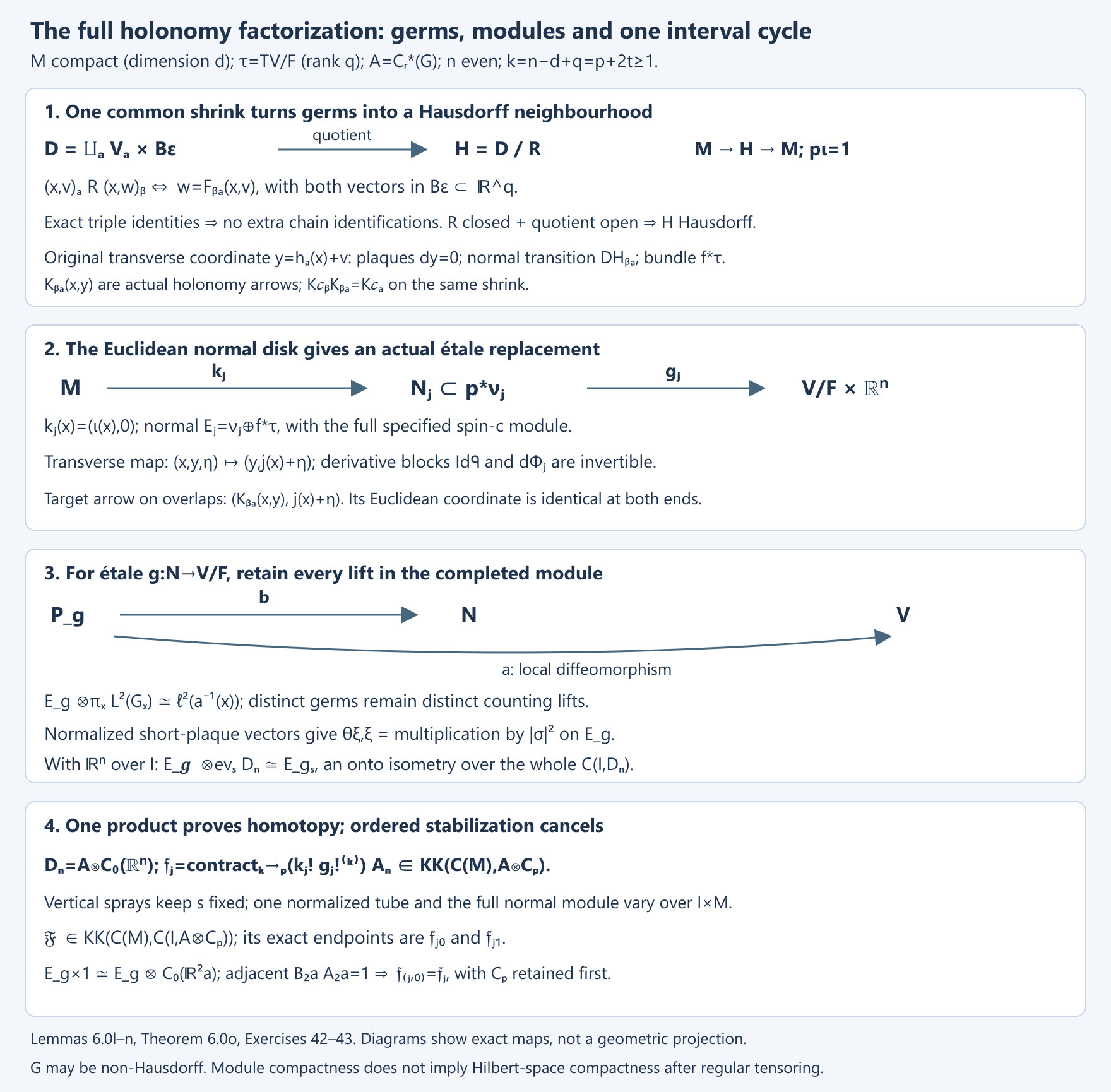 Full holonomy factorization, Hausdorff germ neighbourhood and parameter module
