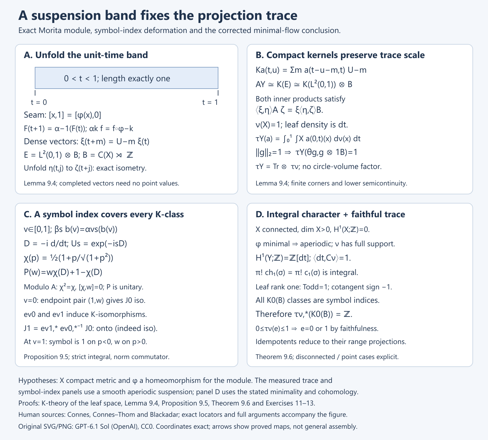Unit-time suspension band, exact Morita trace scale, real-action symbol-index deformation and integral trace range