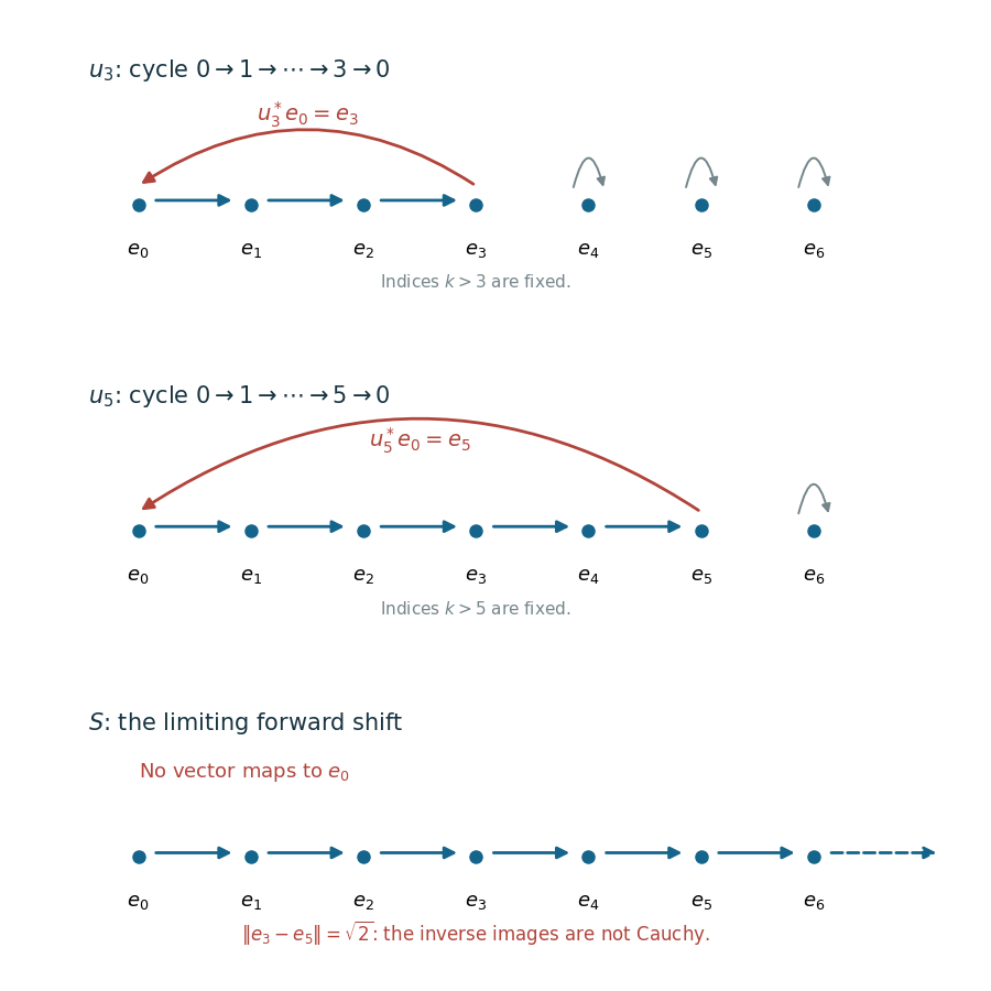 Finite permutation cycles converge on every fixed basis vector, while their inverse images of the zeroth basis vector move to different orthogonal coordinates.