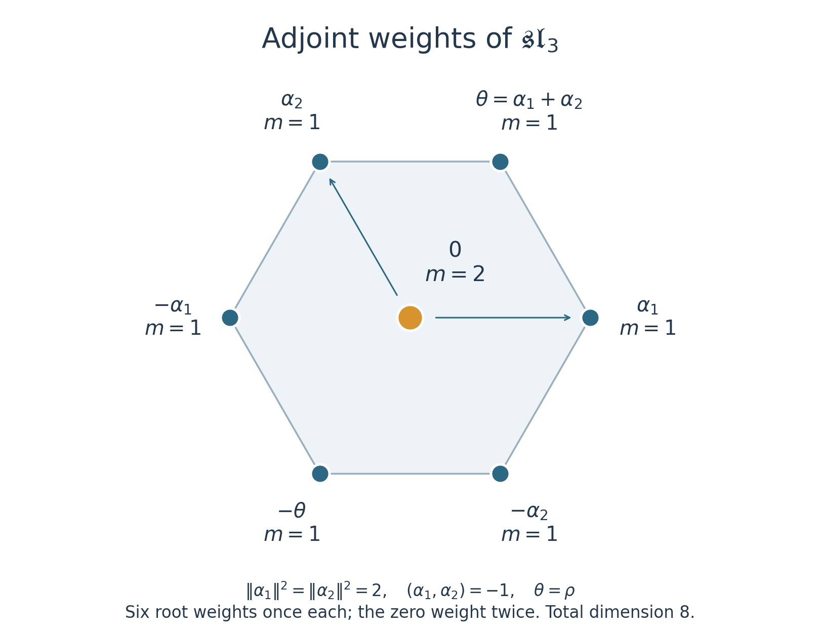Adjoint sl3 weight diagram: six root weights with multiplicity one and zero with multiplicity two
