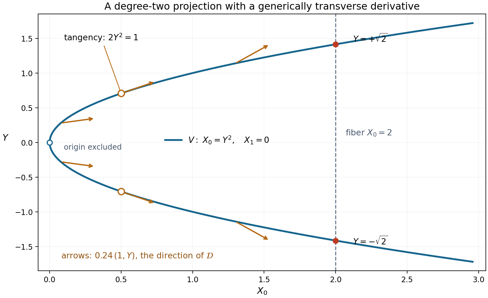 The real degree-two curve, its two-point projection fiber and the invariant derivative direction.