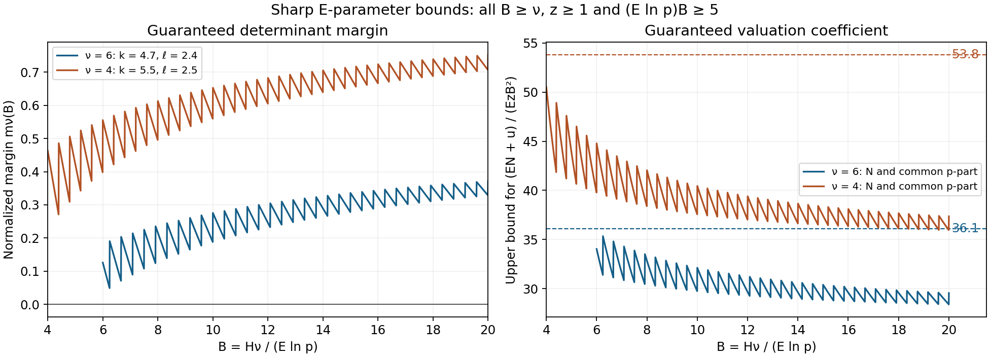 Guaranteed determinant margins and valuation coefficients for the two E-parameter bounds