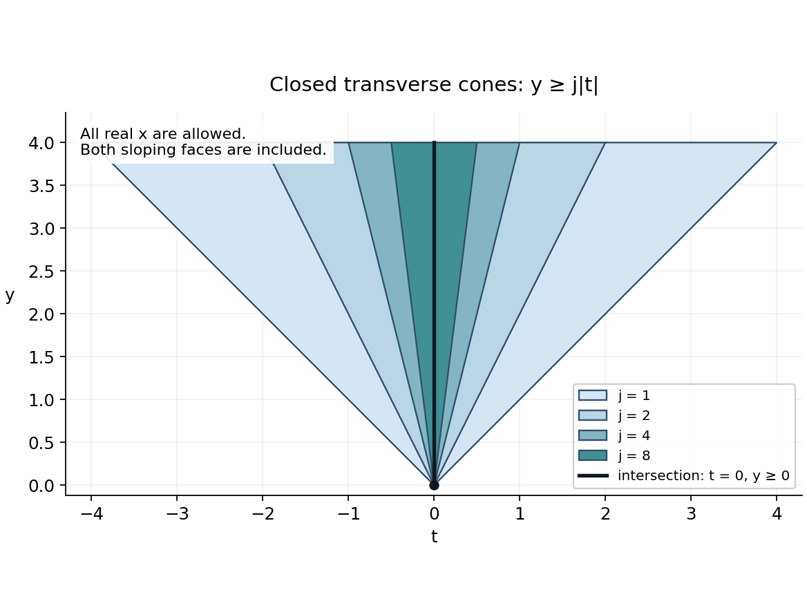 Transverse sections of four closed cones and their limiting ray. The x direction is unrestricted.