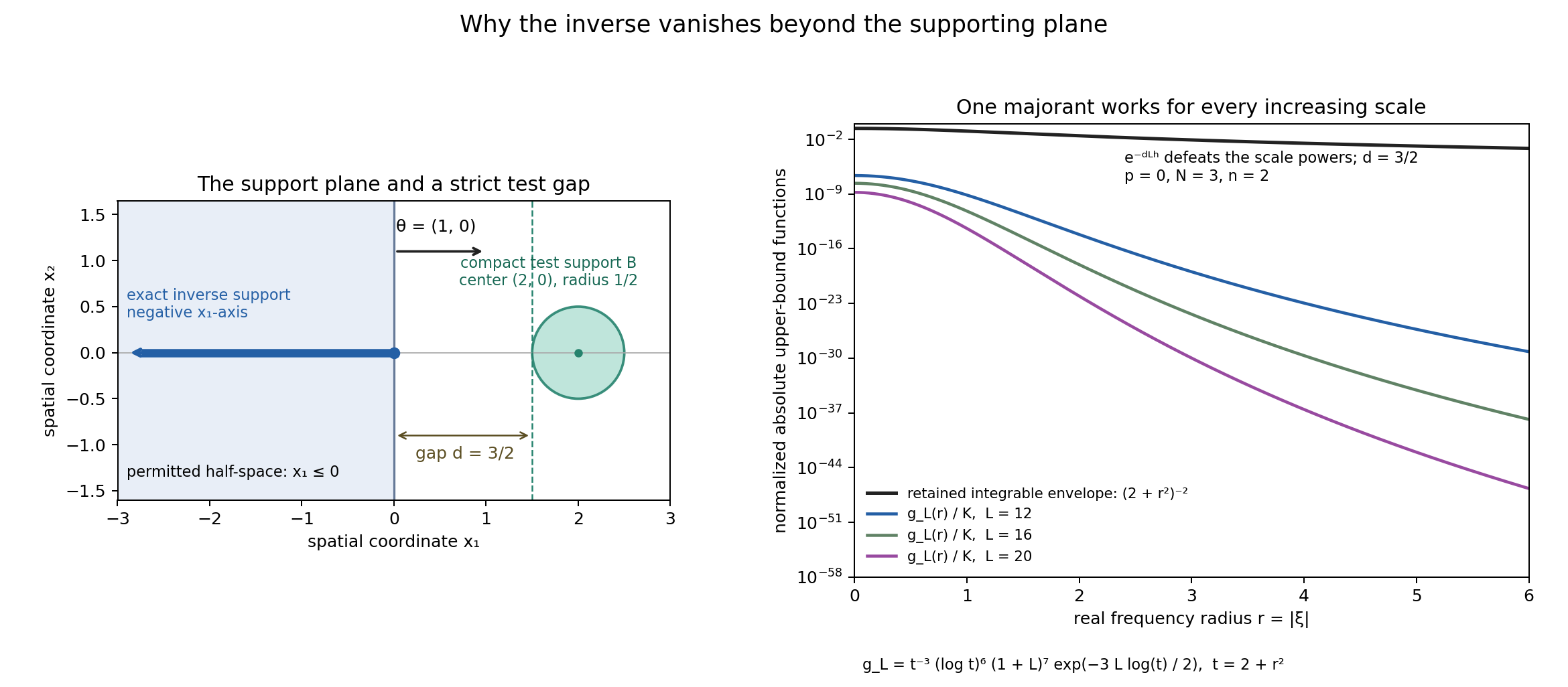 The exact supporting half-space, a compact test beyond it, and a scale-uniform decay envelope.