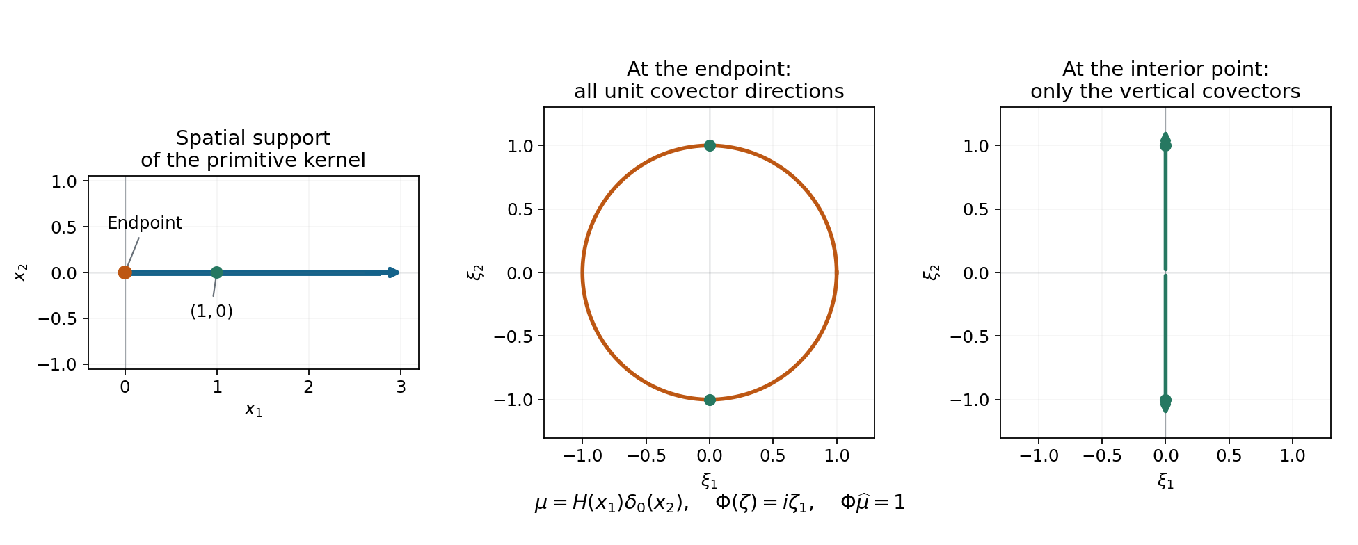 The half-line kernel and its complete unit covector directions at the endpoint and at an interior support point.