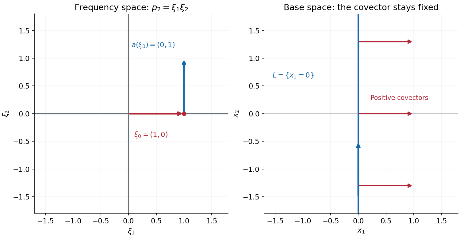 The symbol xi1 times xi2 has the coordinate axes as its characteristic set; the selected covector (1,0) has gradient (0,1). In base space the line x1 equal to zero carries vertical propagation and horizontal positive covector arrows.