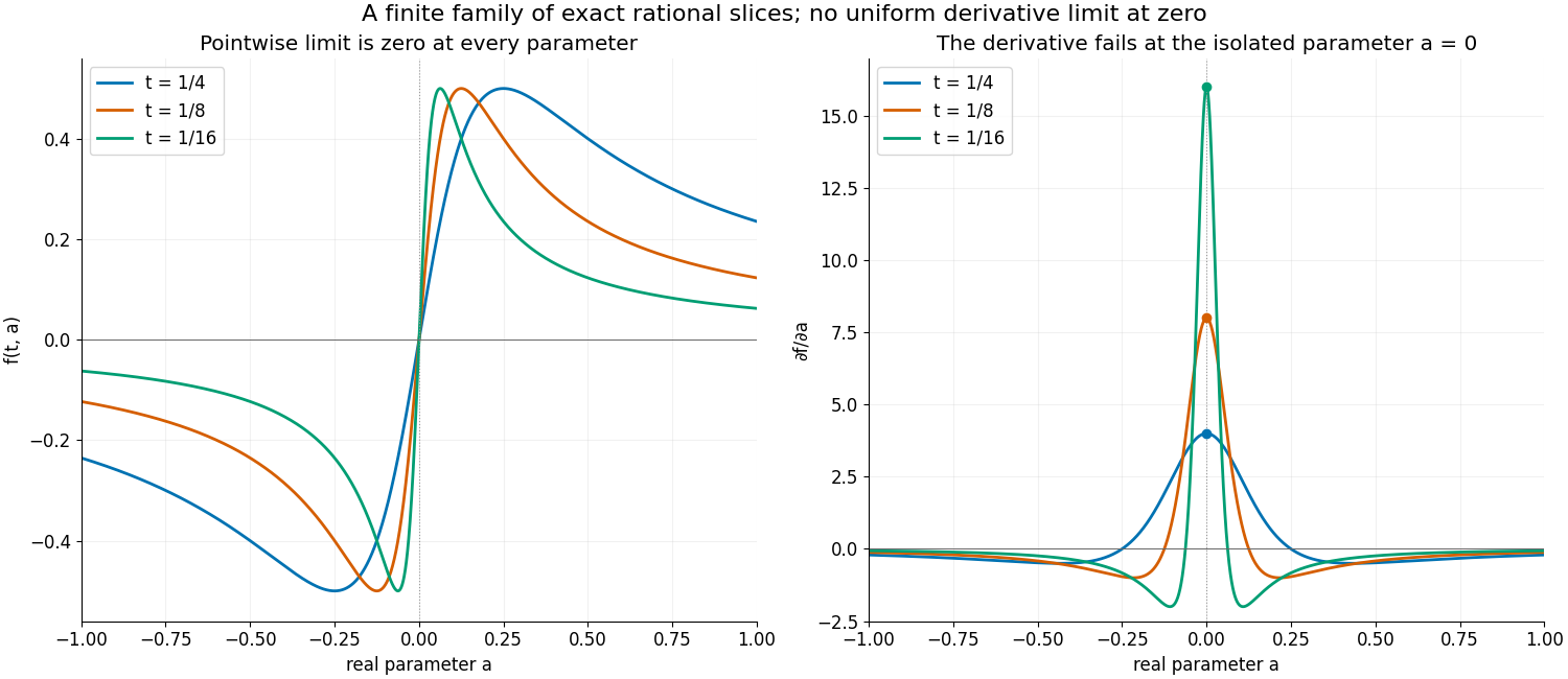 A bounded rational family tends to zero pointwise while its parameter derivative has a growing spike at the exceptional parameter.