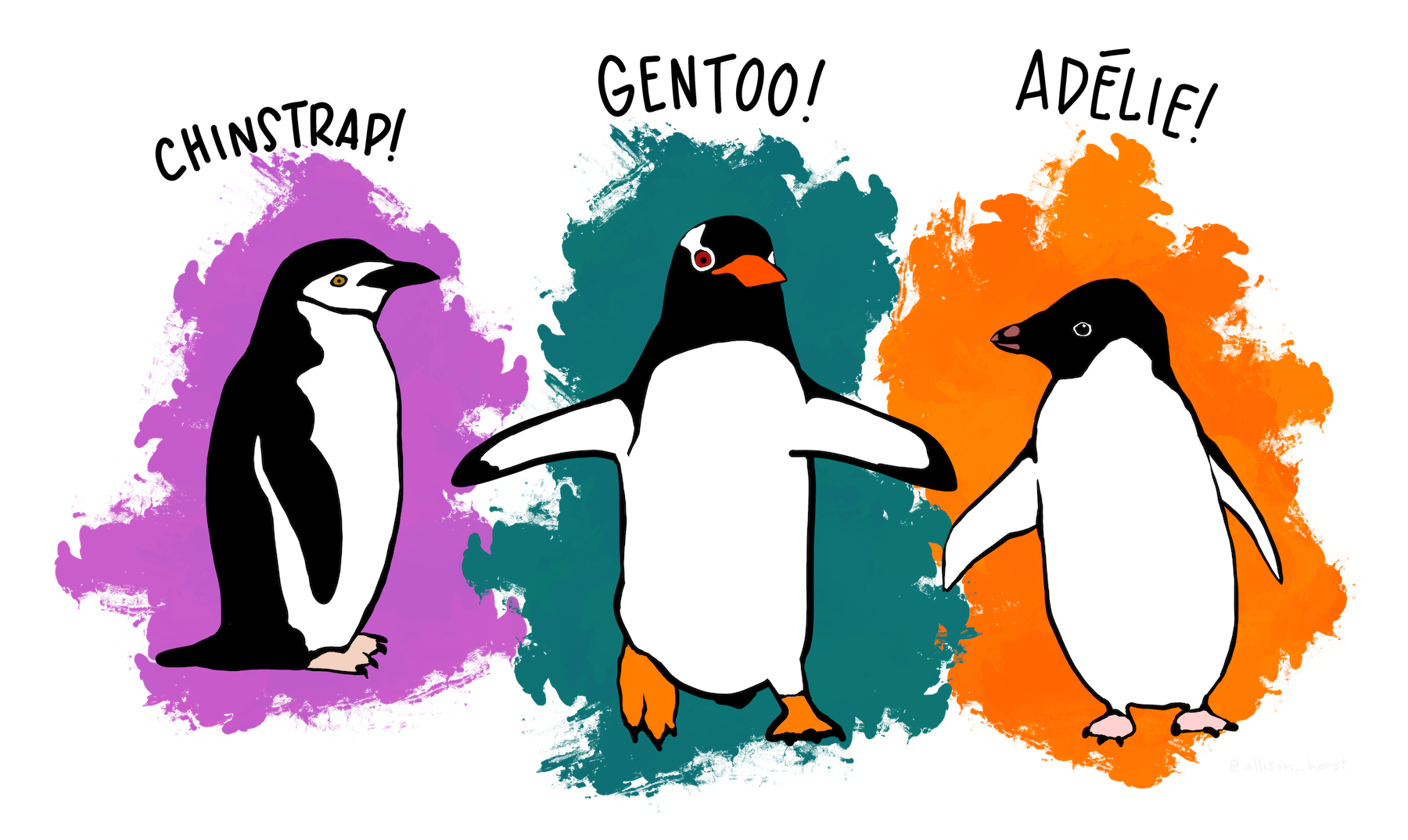 Ilustrasi tiga spesies penguin.